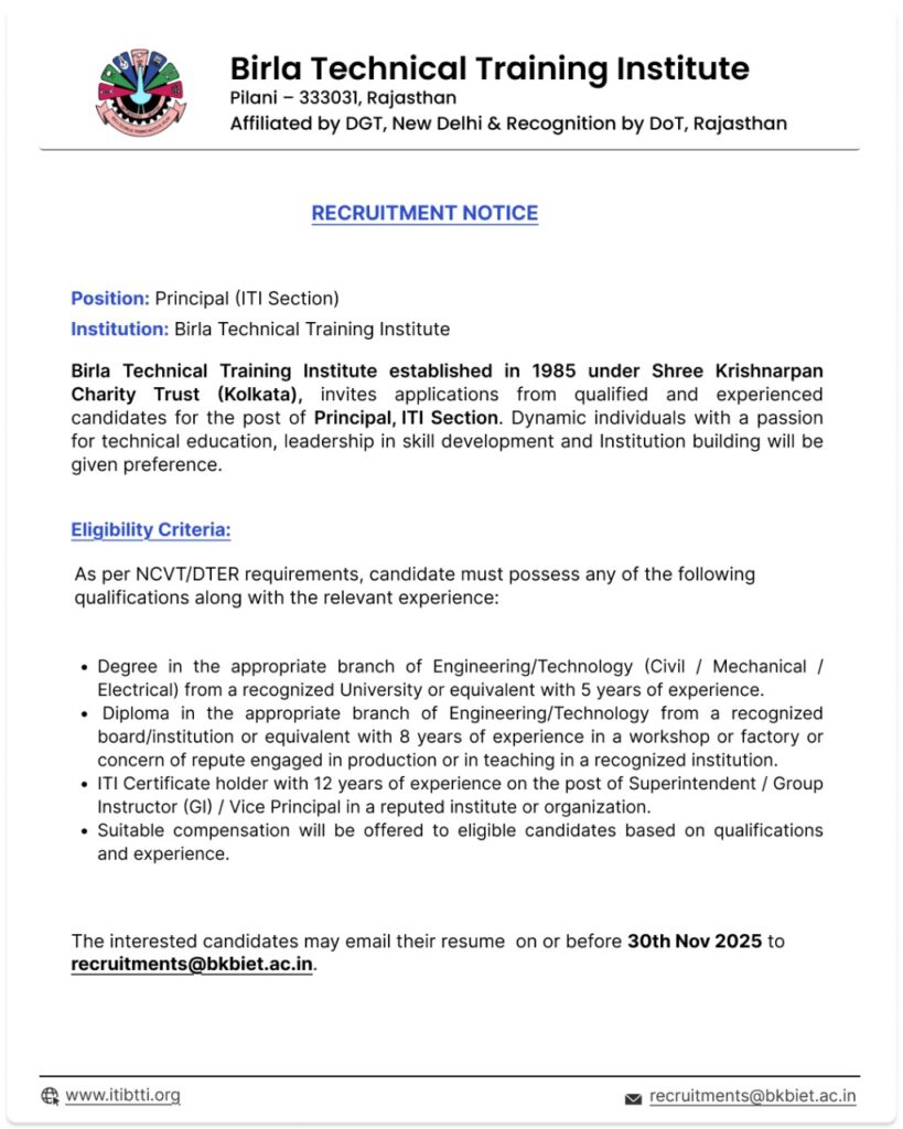 Recruitment Notice for the Position of Principal in BTTI-ITI Section